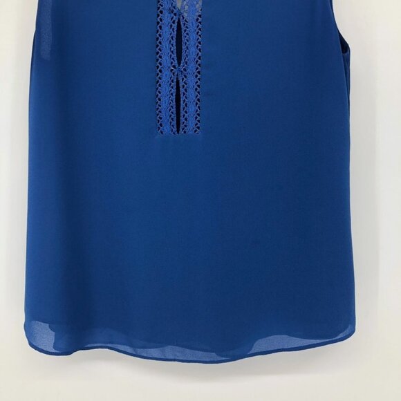 Lost April Cobalt Blue Lace trim  V-neck Chiffon Sleeveless Blouse LG - Picture 10 of 13